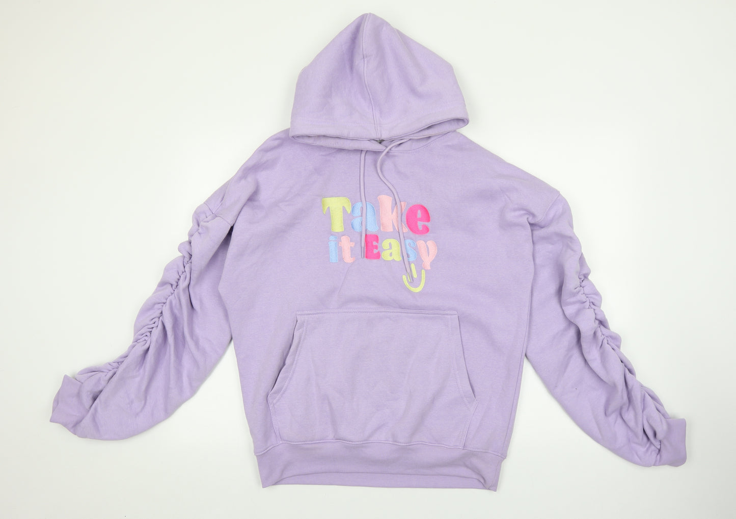 Preworn Womens Purple Cotton Pullover Hoodie Size 10 Pullover - Take It Easy Ruched Sleeve