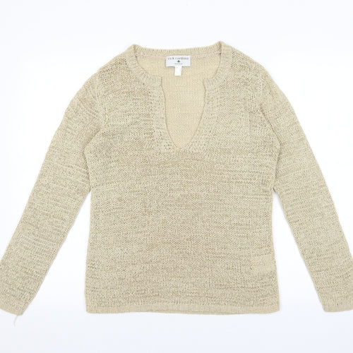 Rick Cardona Womens Beige V-Neck Acrylic Pullover Jumper Size 8