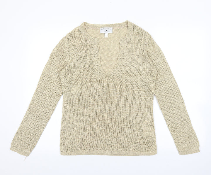 Rick Cardona Womens Beige V-Neck Acrylic Pullover Jumper Size 8