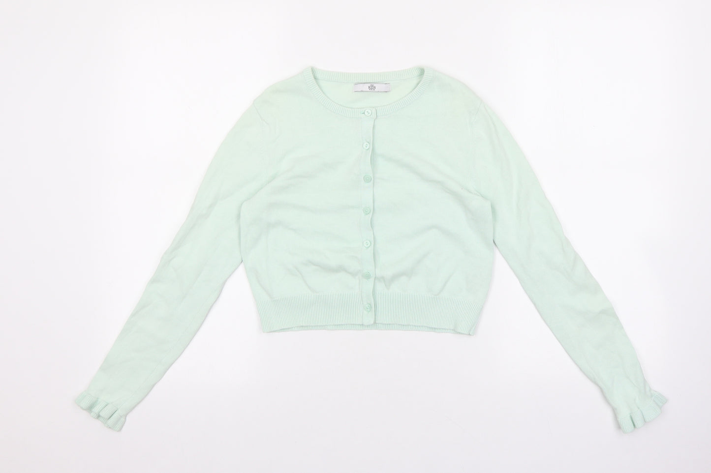 Marks and Spencer Girls Green Round Neck 100% Cotton Cardigan Jumper Size 11-12 Years Button