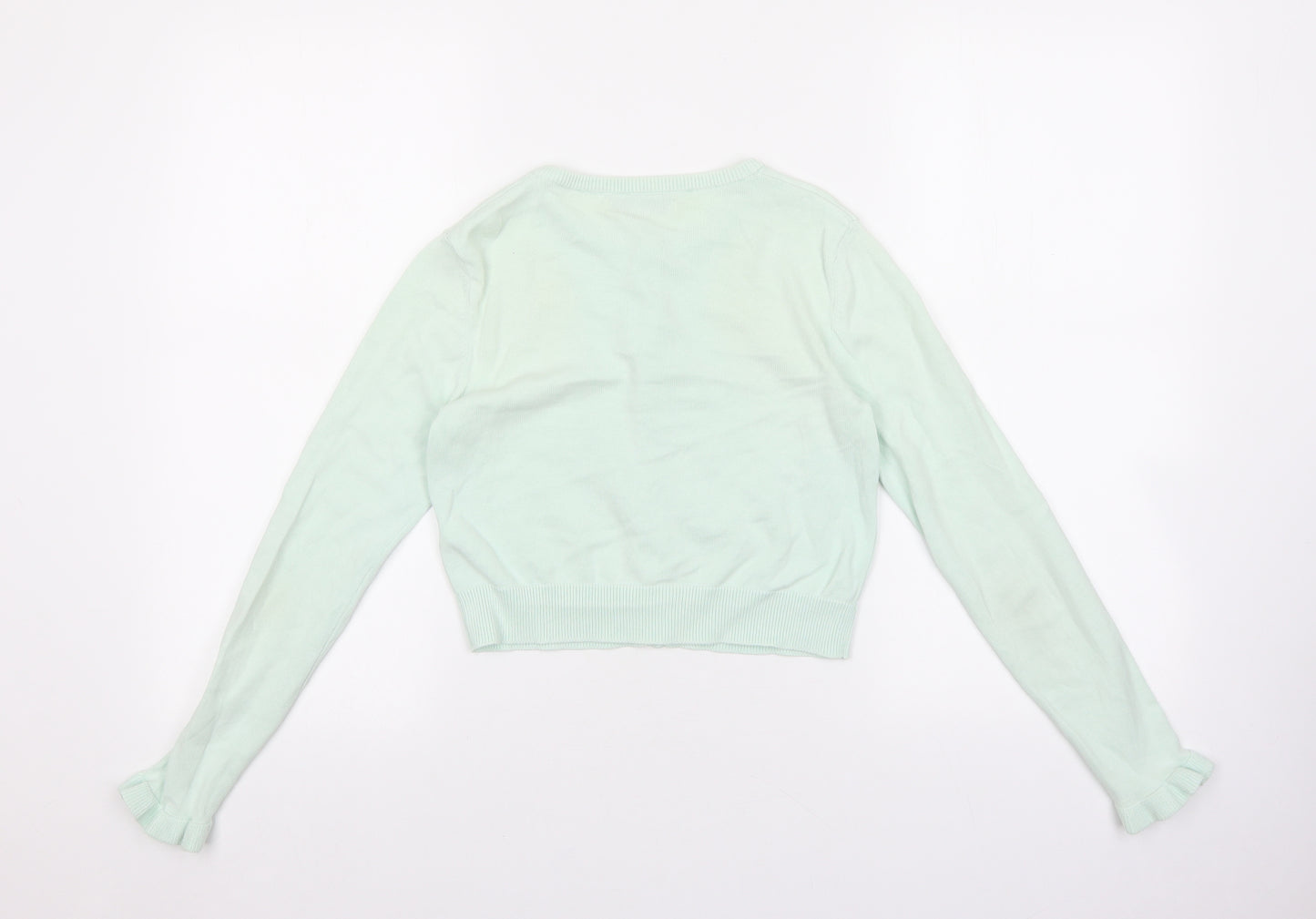 Marks and Spencer Girls Green Round Neck 100% Cotton Cardigan Jumper Size 11-12 Years Button