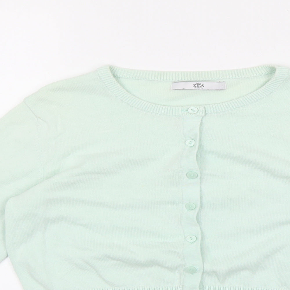 Marks and Spencer Girls Green Round Neck 100% Cotton Cardigan Jumper Size 11-12 Years Button