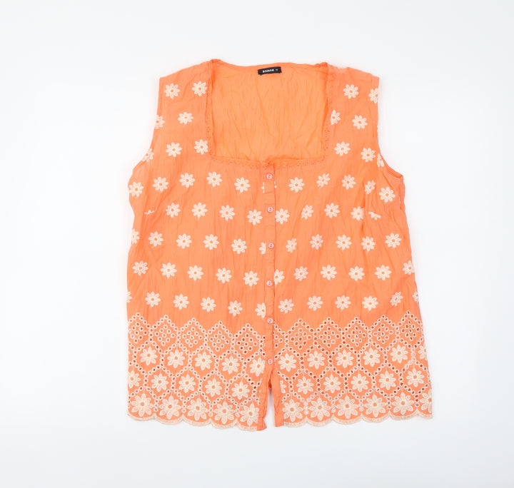 Roman Womens Orange Floral Cotton Basic Tank Size 12 Square Neck