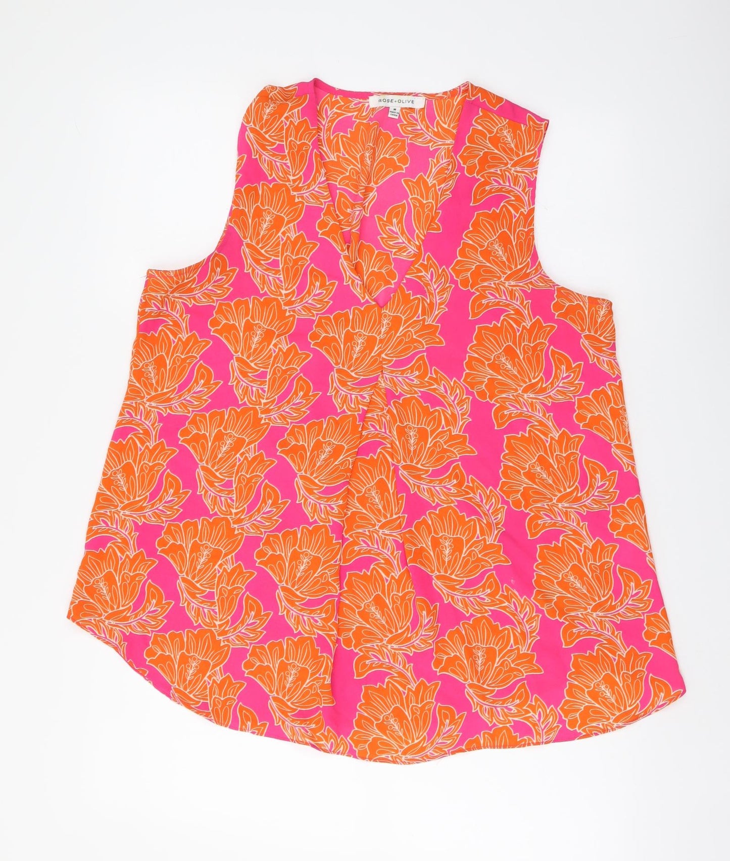 Rose + Olive Womens Pink Floral Polyester Basic Blouse Size M V-Neck