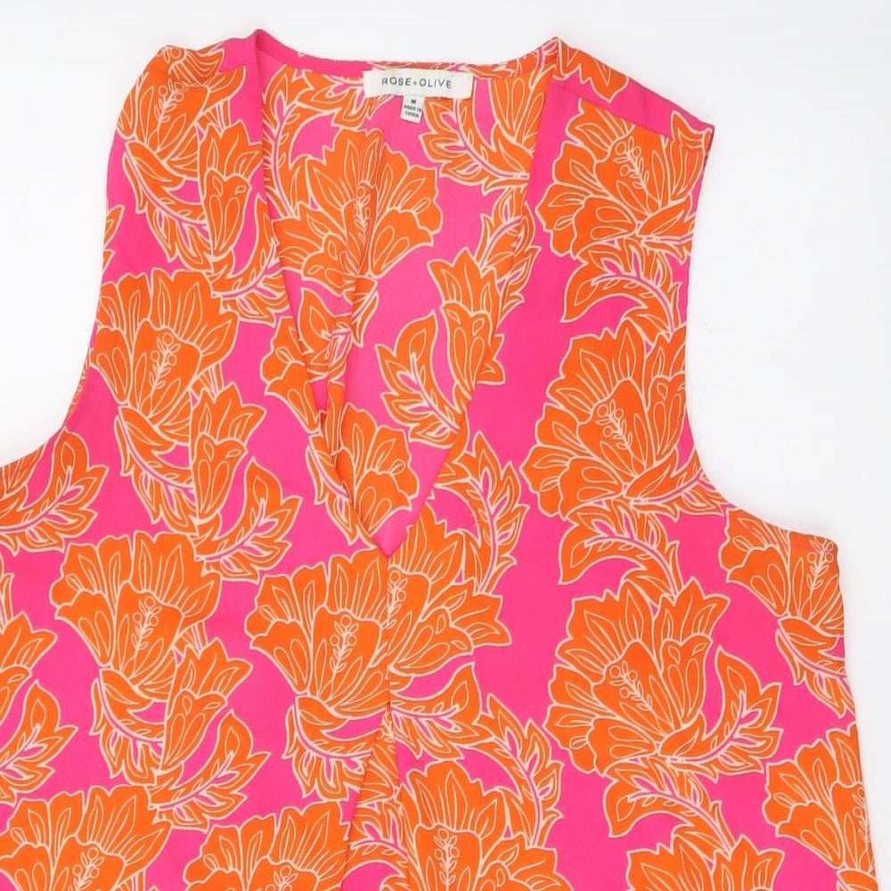 Rose + Olive Womens Pink Floral Polyester Basic Blouse Size M V-Neck