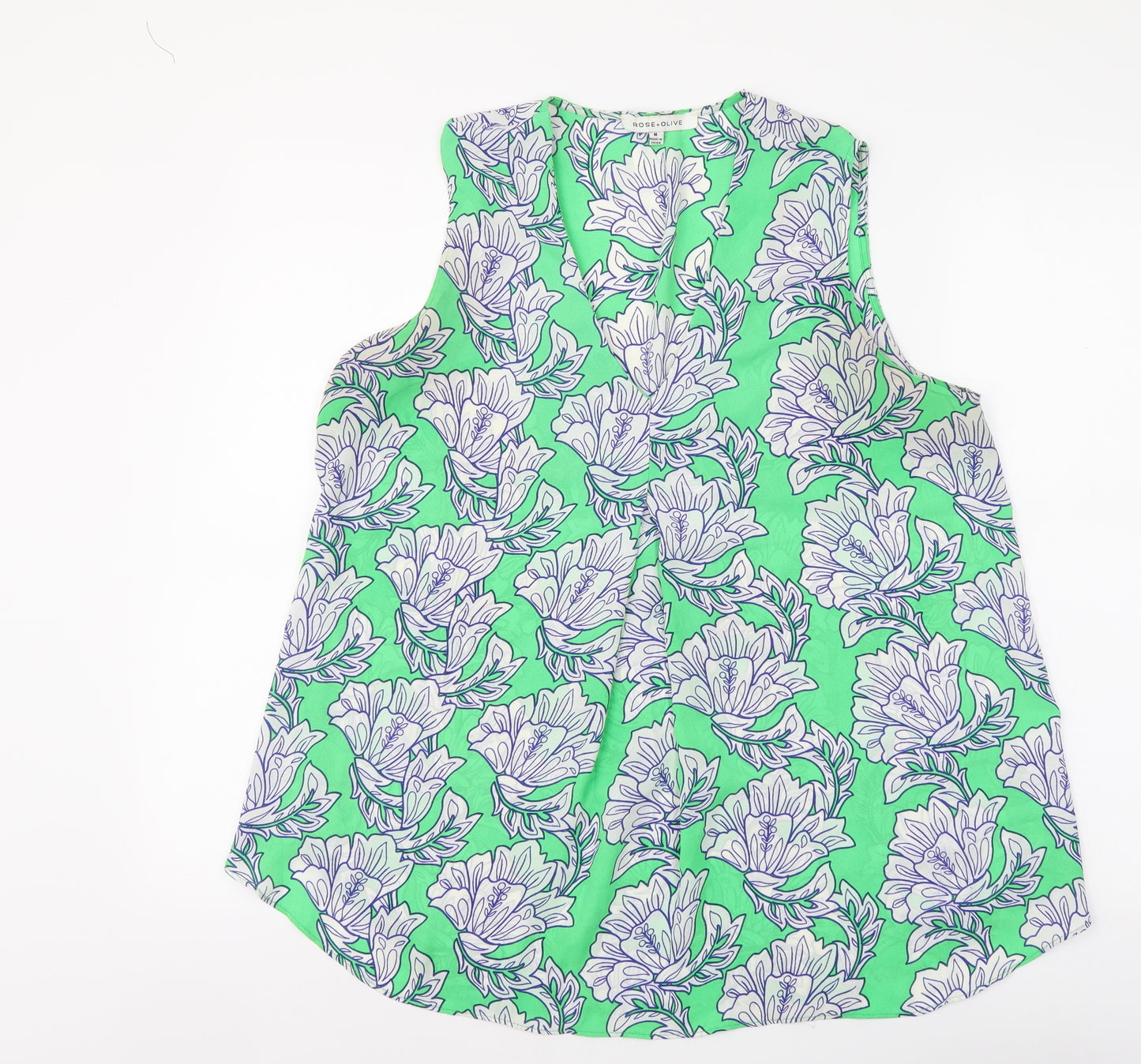 Rose + Olive Womens Green Floral Polyester Basic Blouse Size M V-Neck