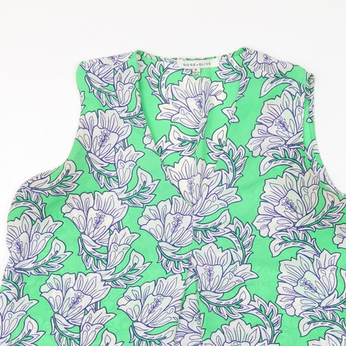 Rose + Olive Womens Green Floral Polyester Basic Blouse Size M V-Neck