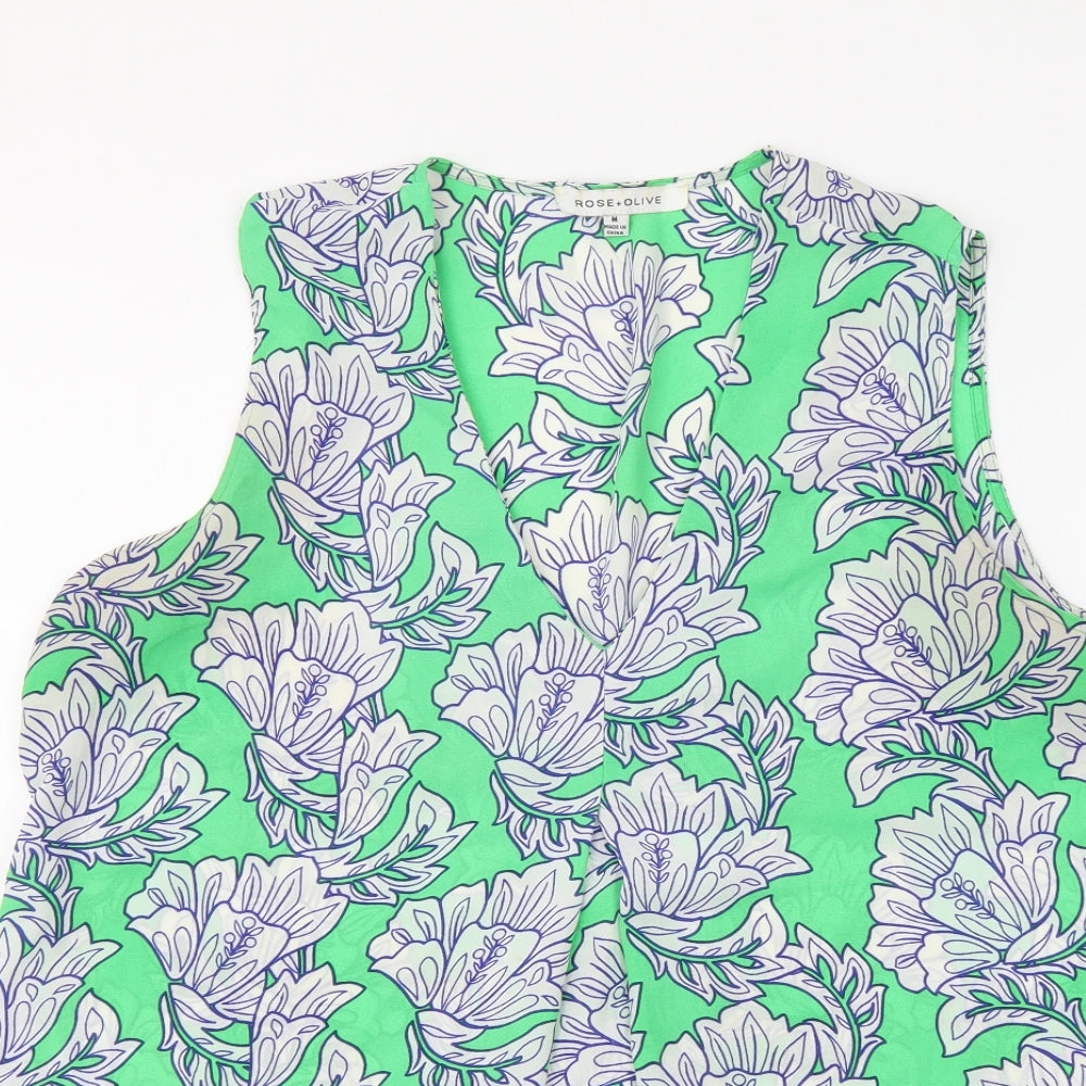 Rose + Olive Womens Green Floral Polyester Basic Blouse Size M V-Neck