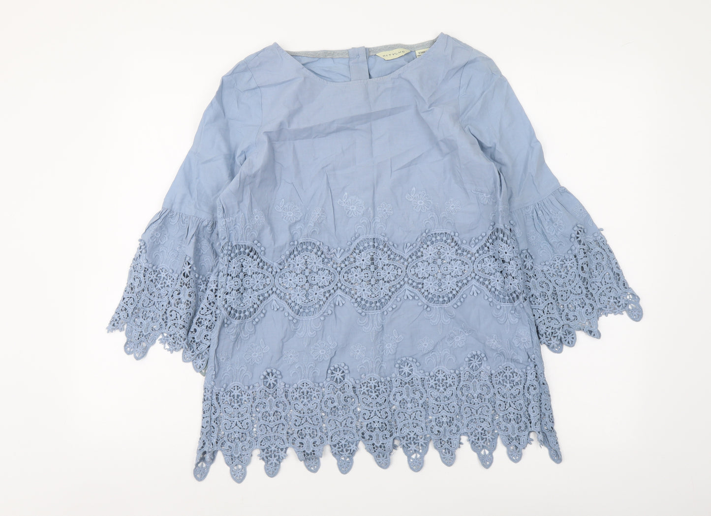 11 Tyhlo Womens Blue Cotton Basic Blouse Size XS Round Neck