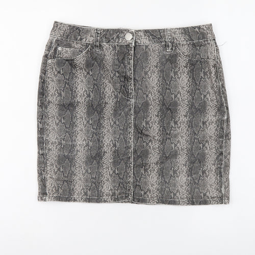 NEXT Womens Grey Animal Print Cotton A-Line Skirt Size 12 Button - Snakeskin Pattern