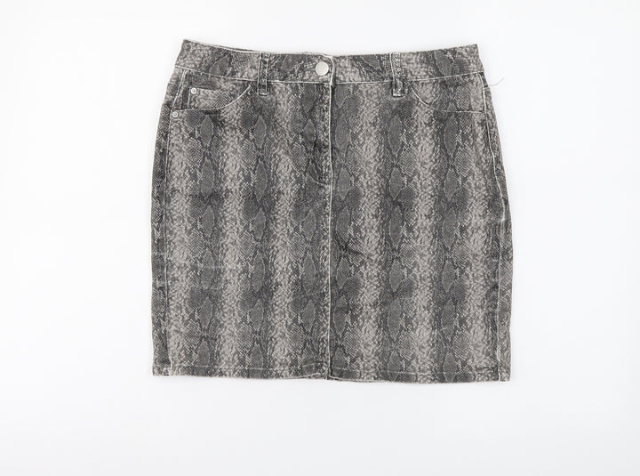 NEXT Womens Grey Animal Print Cotton A-Line Skirt Size 12 Button - Snakeskin Pattern