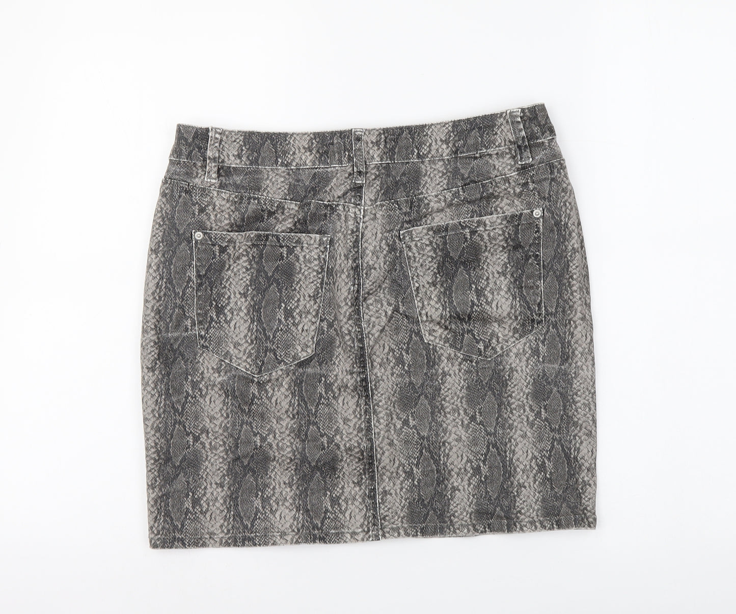 NEXT Womens Grey Animal Print Cotton A-Line Skirt Size 12 Button - Snakeskin Pattern