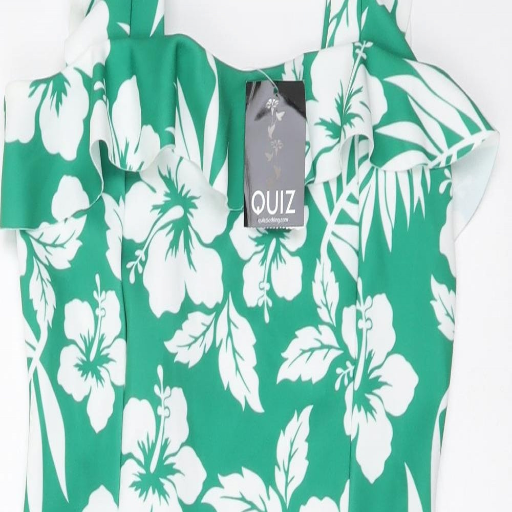 Quiz Womens Green Floral Polyester Tank Dress Size 8 Square Neck Pullover