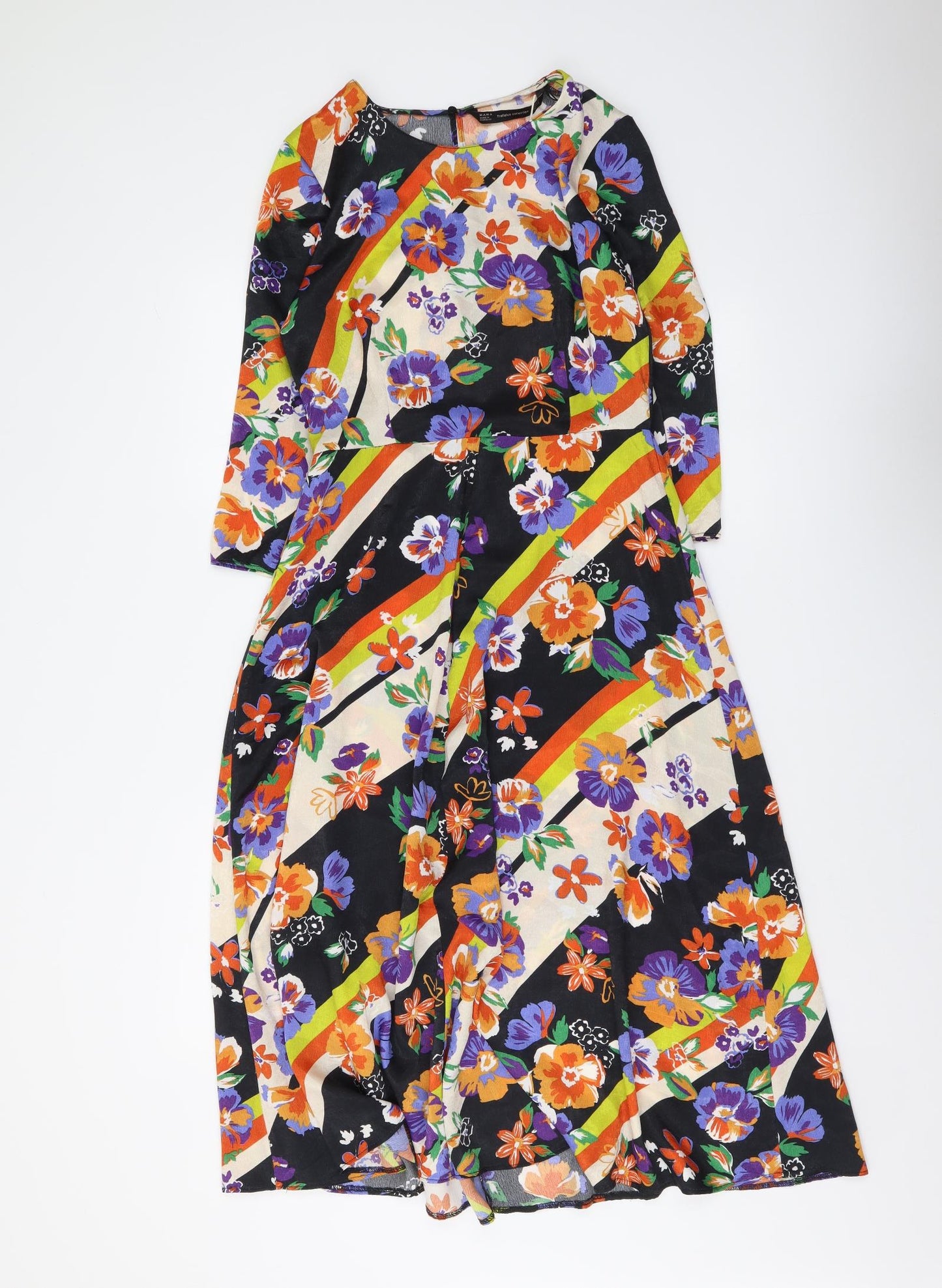 Zara Womens Multicoloured Floral Polyester A-Line Size S Boat Neck Zip