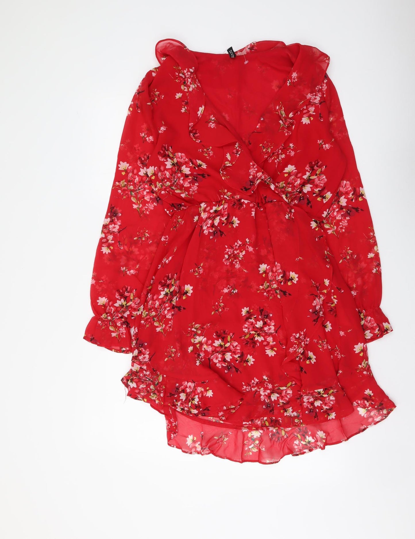H&M Womens Red Floral Polyester Fit & Flare Size L V-Neck Pullover