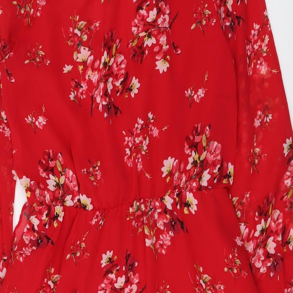 H&M Womens Red Floral Polyester Fit & Flare Size L V-Neck Pullover