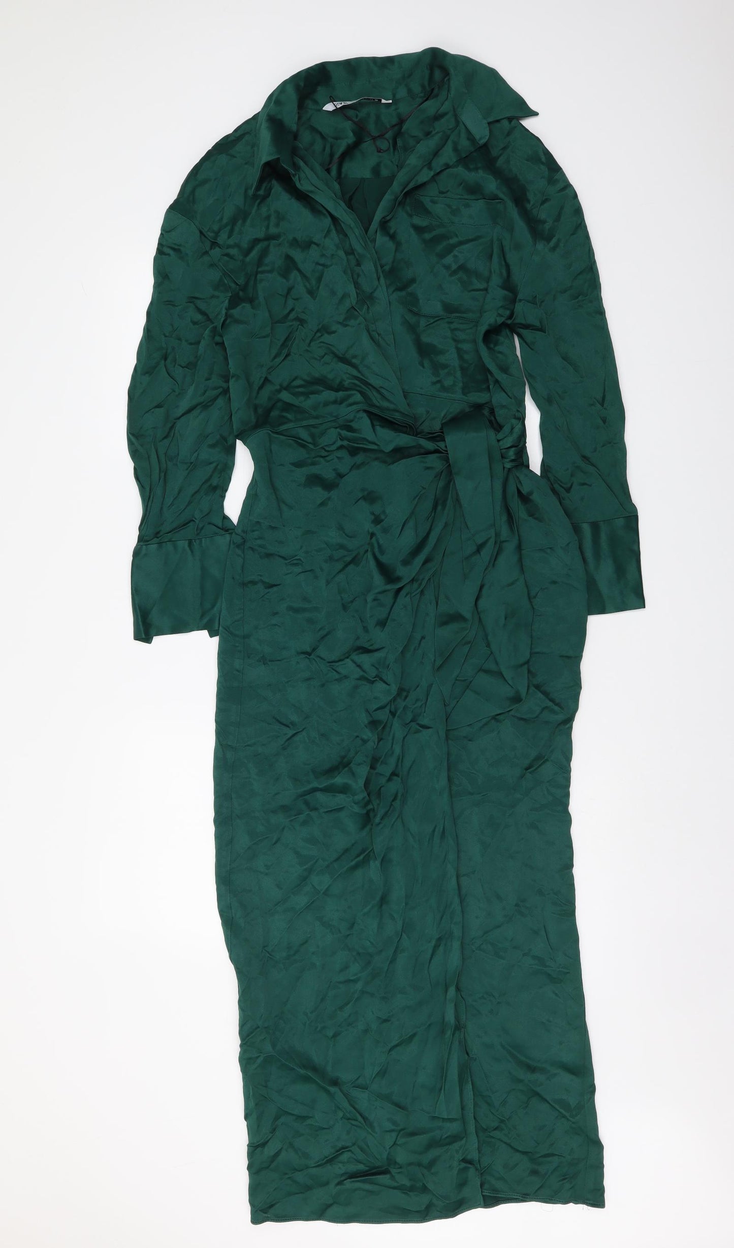 Zara Womens Green Polyester Shirt Dress Size XS Collared Hook & Loop