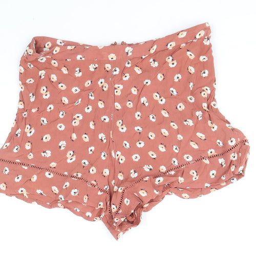 Miss Selfridge Womens Brown Floral Cotton Hot Pants Shorts Size 14 Regular Zip