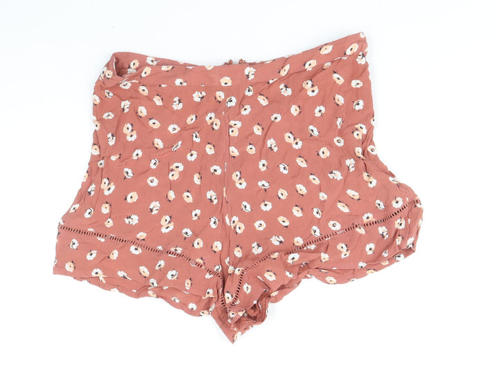Miss Selfridge Womens Brown Floral Cotton Hot Pants Shorts Size 14 Regular Zip