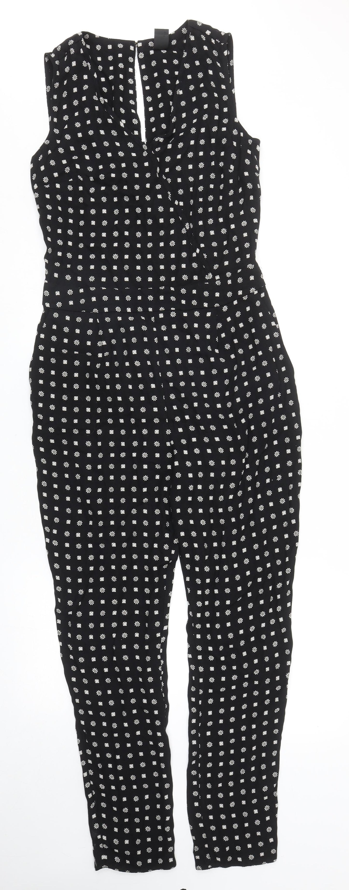 TU Womens Black Geometric Viscose Jumpsuit One-Piece Size 8 Button