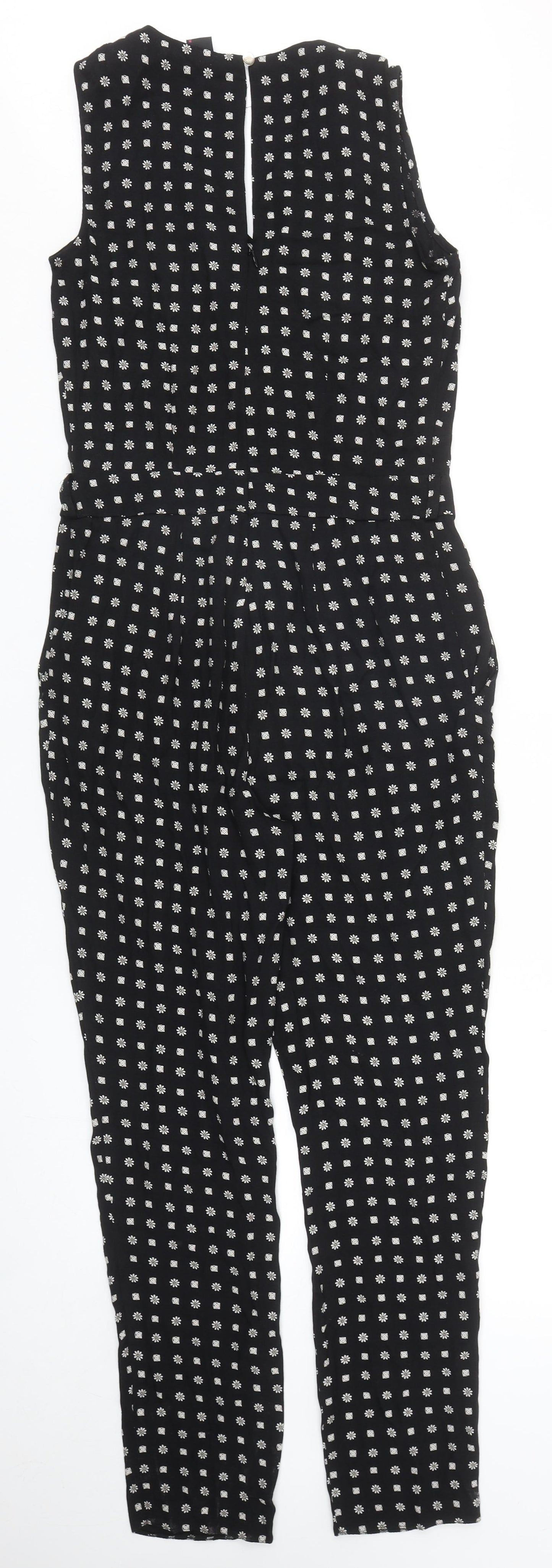 TU Womens Black Geometric Viscose Jumpsuit One-Piece Size 8 Button