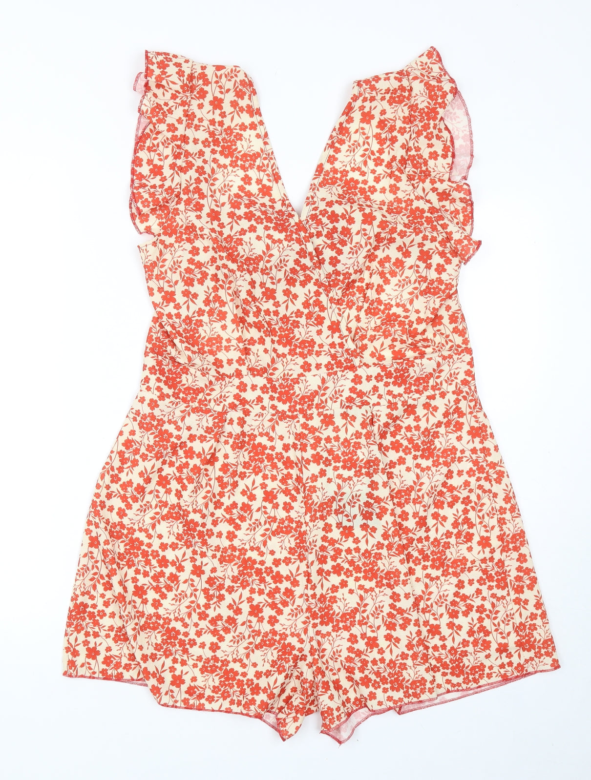 PRETTYLITTLETHING Womens Orange Floral Polyester Playsuit One-Piece Size 16 Zip
