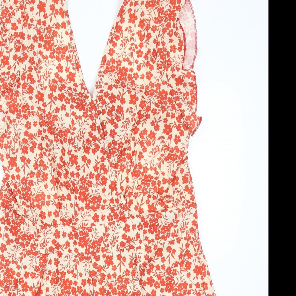 PRETTYLITTLETHING Womens Orange Floral Polyester Playsuit One-Piece Size 16 Zip