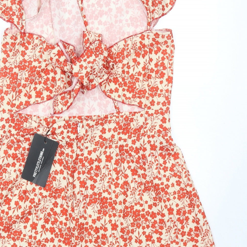 PRETTYLITTLETHING Womens Orange Floral Polyester Playsuit One-Piece Size 16 Zip