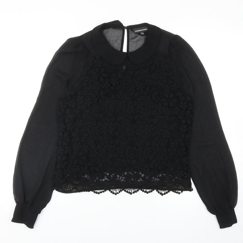 Warehouse Womens Black Floral Polyester Basic Blouse Size 10 Collared - Lace Overlay Detail