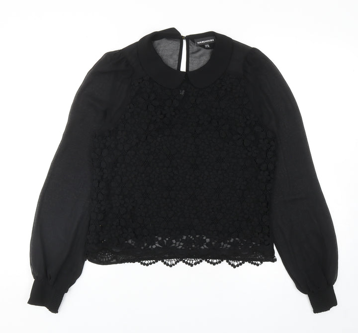 Warehouse Womens Black Floral Polyester Basic Blouse Size 10 Collared - Lace Overlay Detail