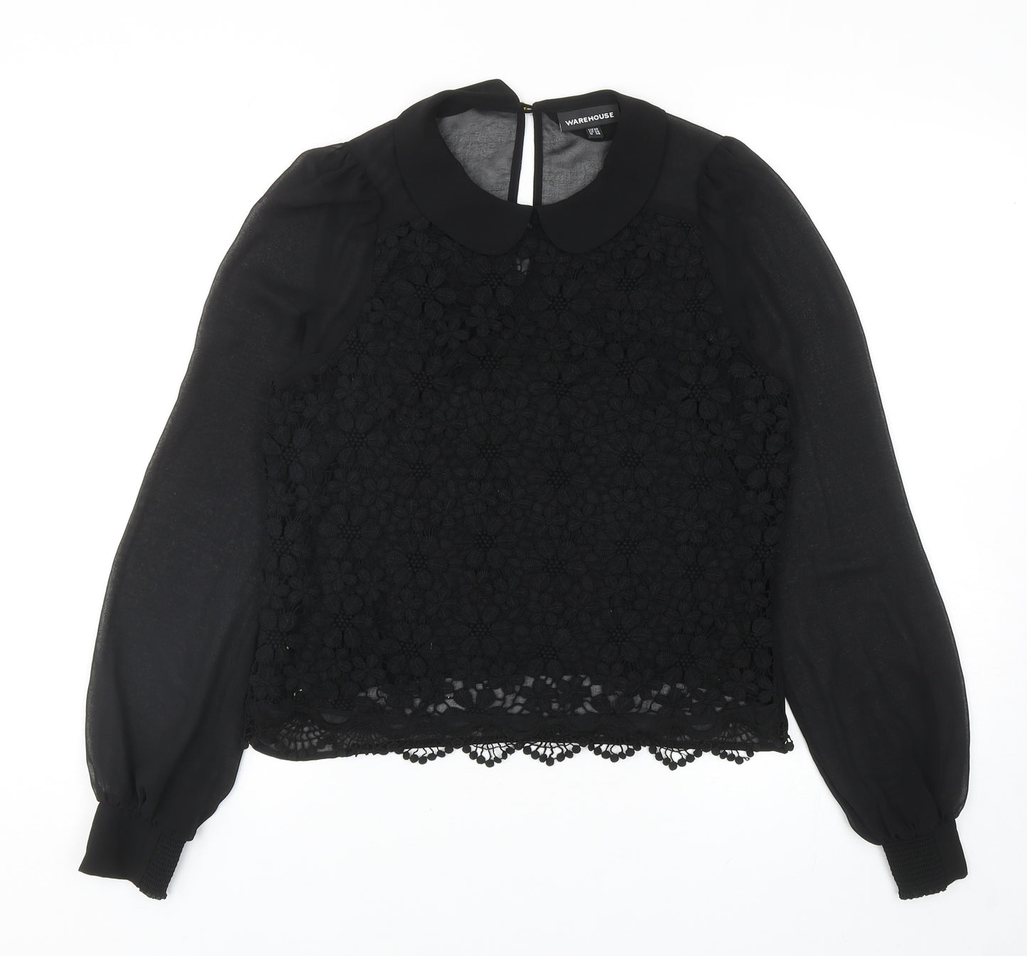 Warehouse Womens Black Floral Polyester Basic Blouse Size 10 Collared - Lace Overlay Detail