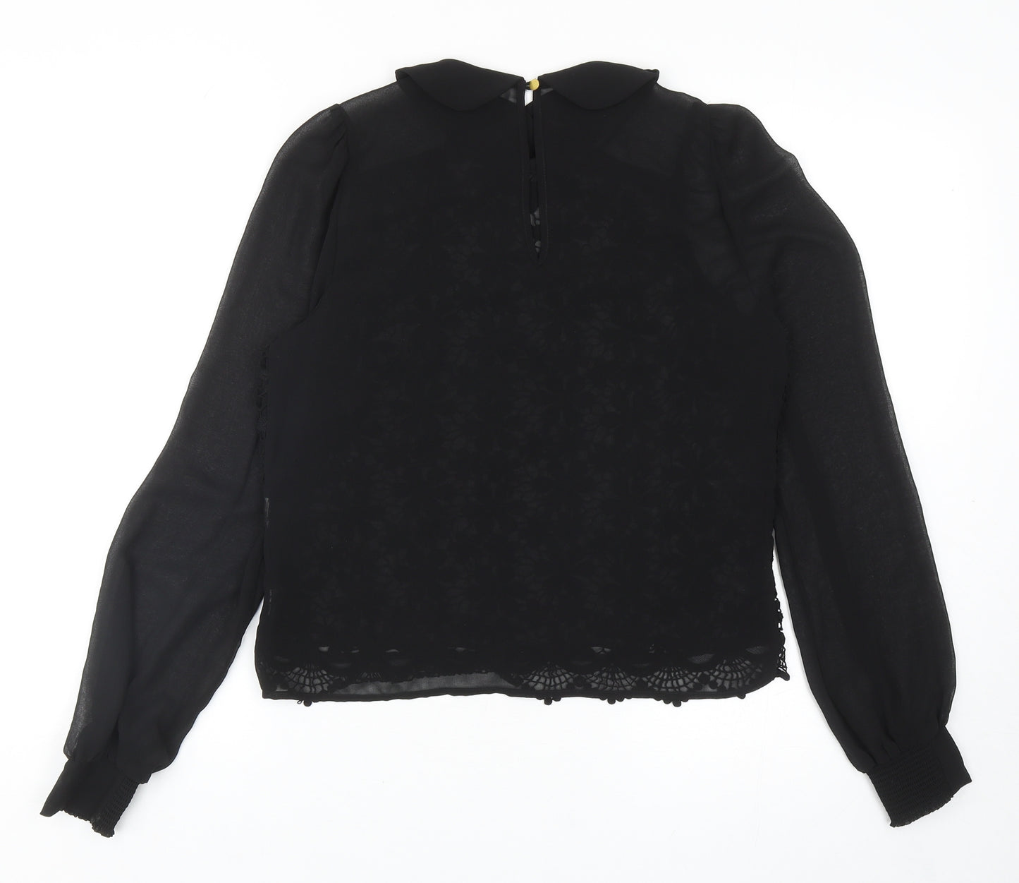 Warehouse Womens Black Floral Polyester Basic Blouse Size 10 Collared - Lace Overlay Detail
