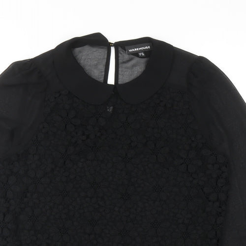 Warehouse Womens Black Floral Polyester Basic Blouse Size 10 Collared - Lace Overlay Detail