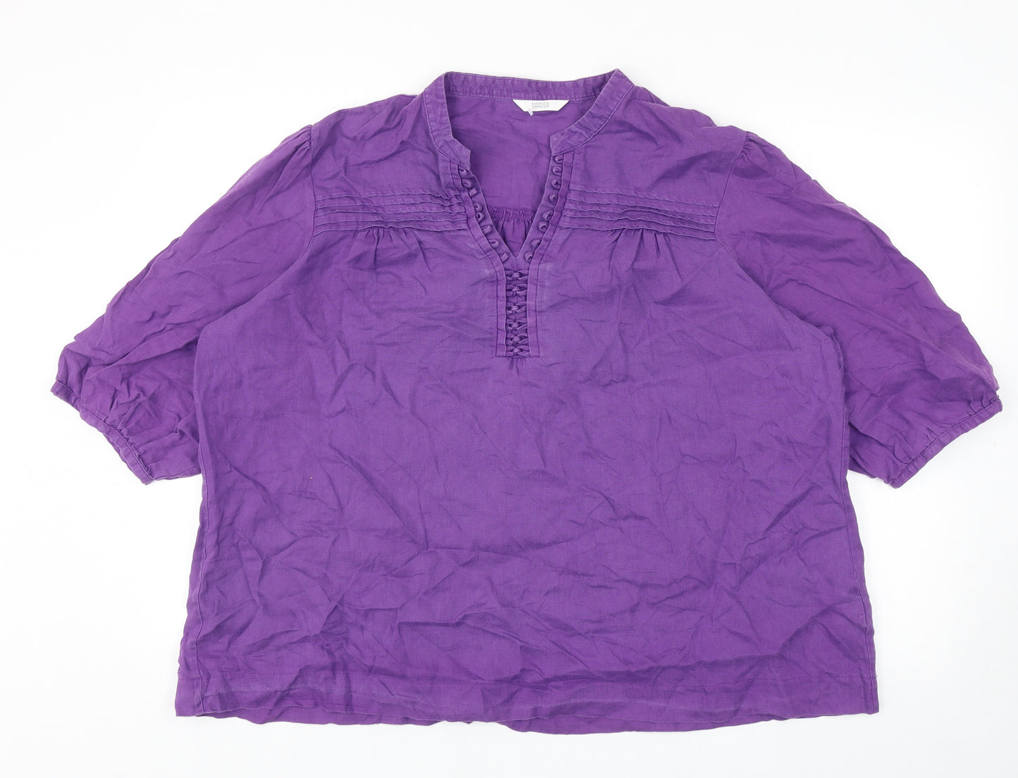 Marks and Spencer Womens Purple Linen Basic Blouse Size 24 V-Neck