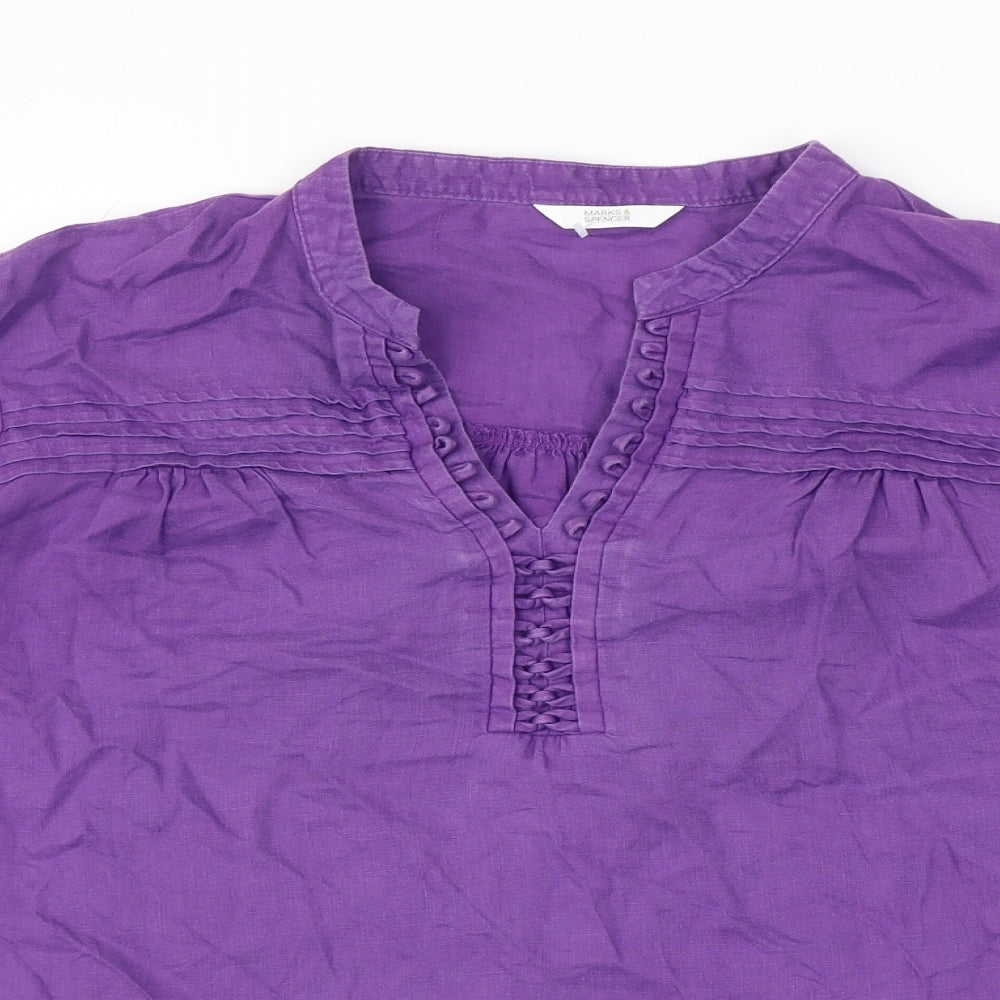 Marks and Spencer Womens Purple Linen Basic Blouse Size 24 V-Neck