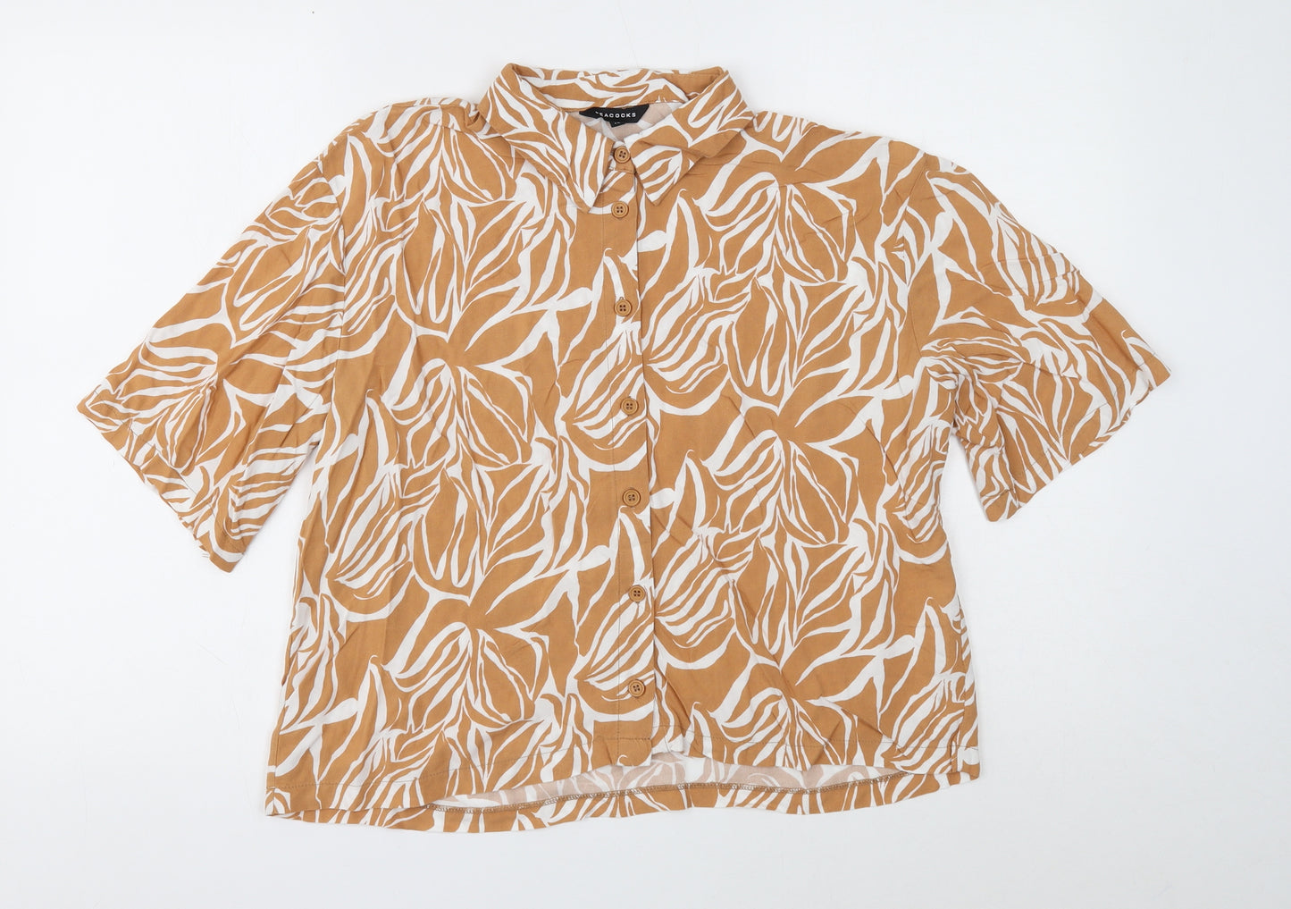 Peacocks Womens Brown Geometric Polyester Basic Button-Up Size 14 Collared
