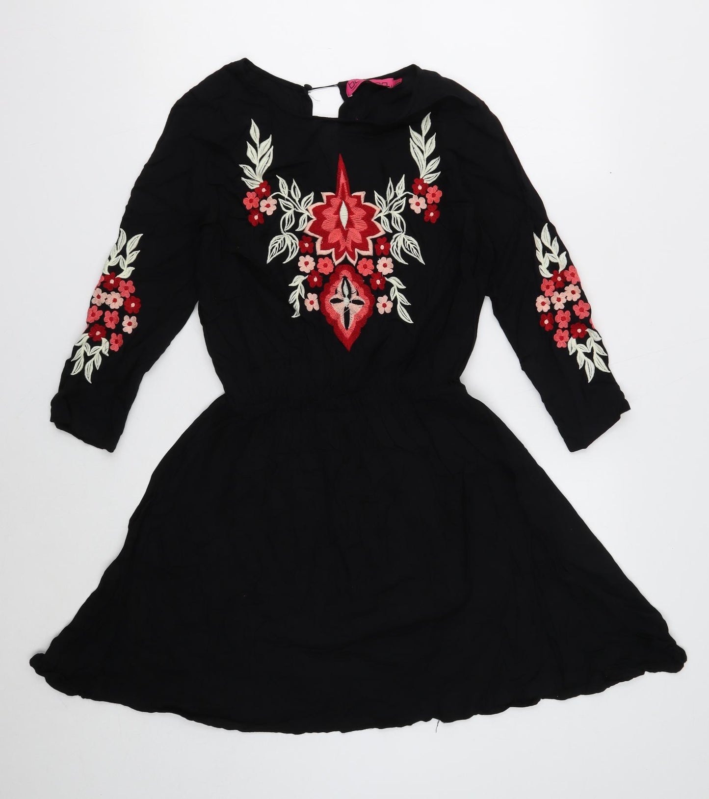 Boohoo Womens Black Floral Viscose Skater Dress Size 8 Boat Neck Button