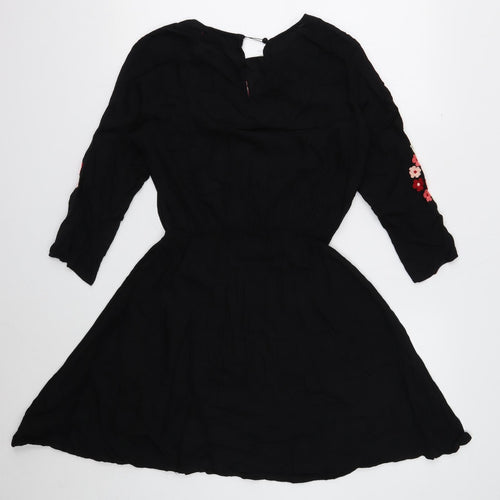 Boohoo Womens Black Floral Viscose Skater Dress Size 8 Boat Neck Button