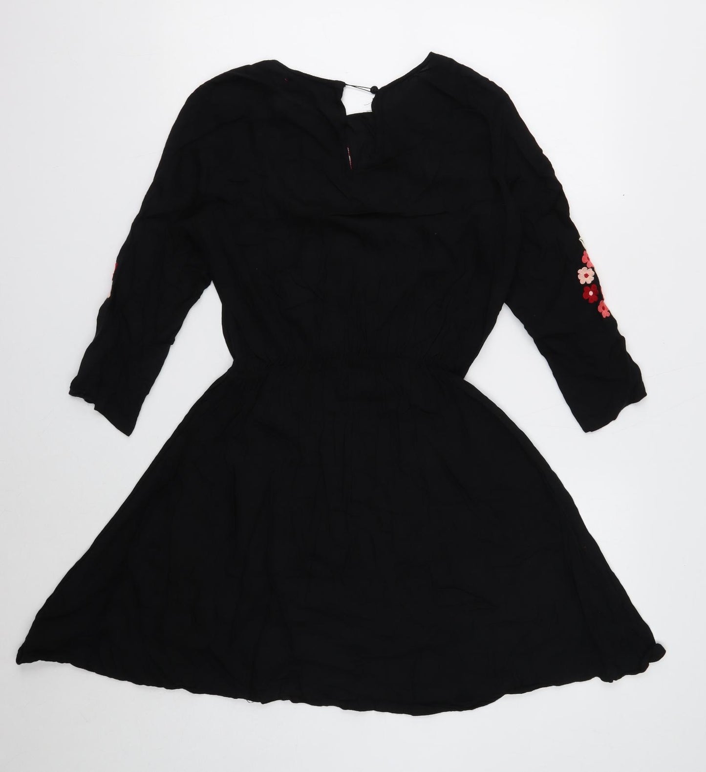Boohoo Womens Black Floral Viscose Skater Dress Size 8 Boat Neck Button