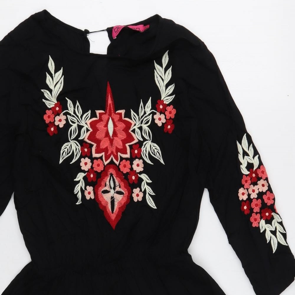 Boohoo Womens Black Floral Viscose Skater Dress Size 8 Boat Neck Button