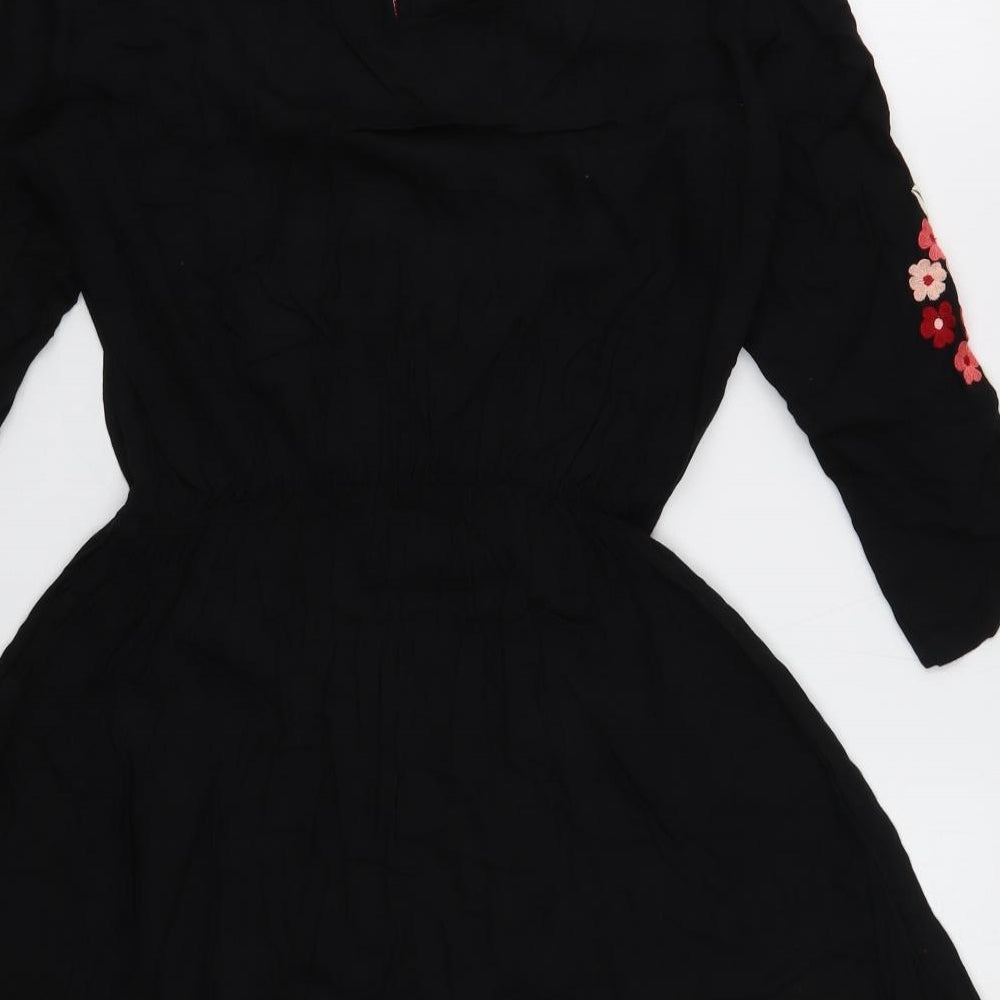 Boohoo Womens Black Floral Viscose Skater Dress Size 8 Boat Neck Button