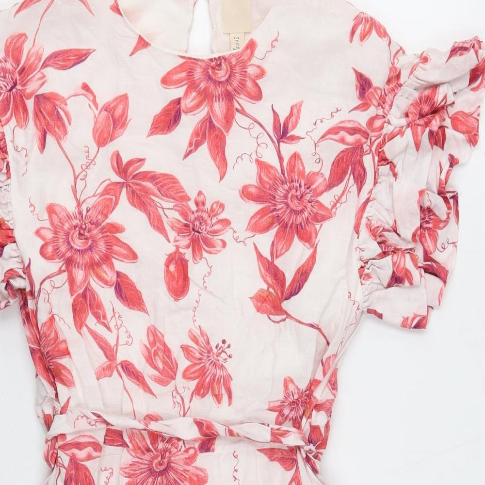 H&M Womens White Floral Viscose Fit & Flare Size XS Round Neck Button