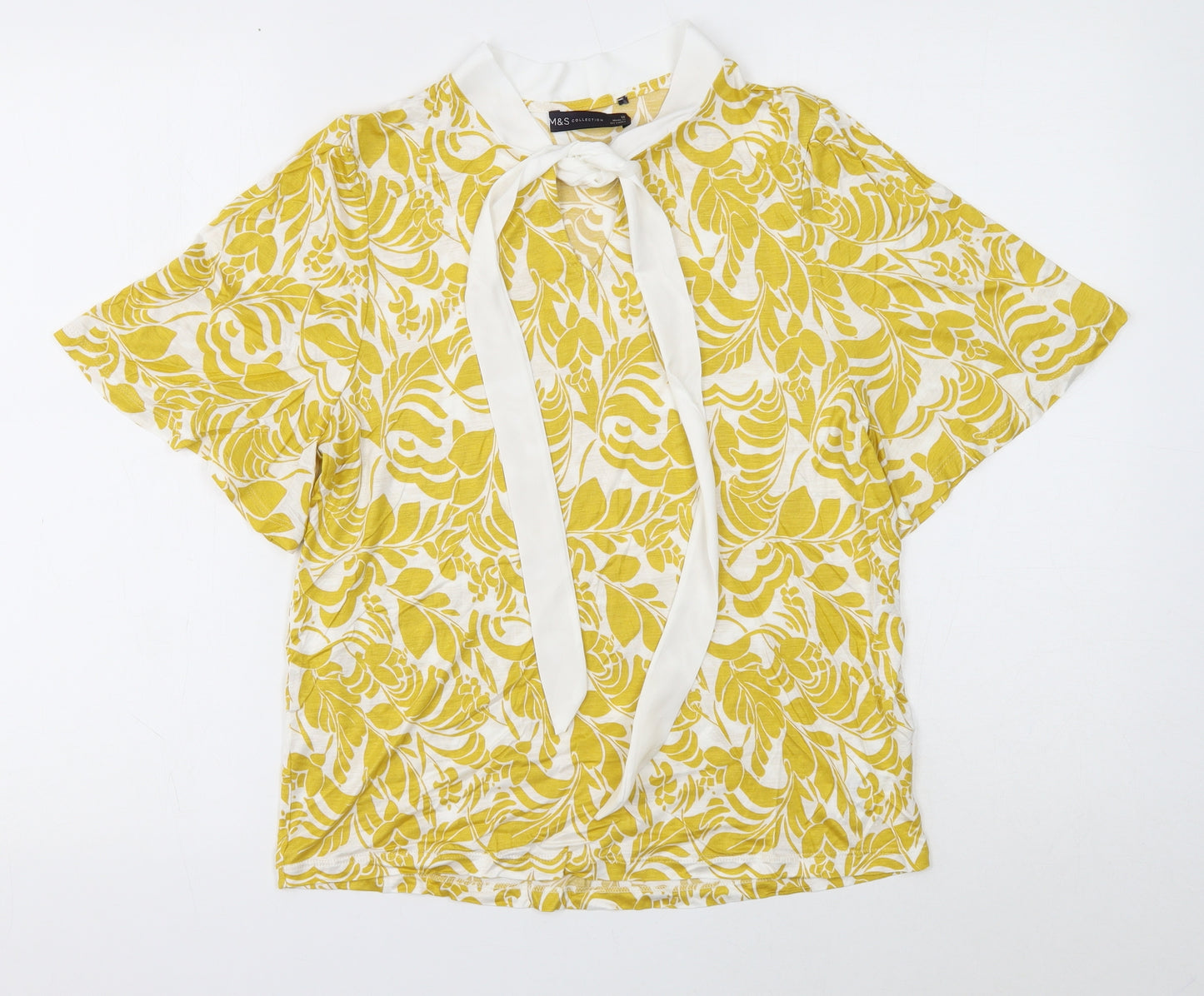 Marks and Spencer Womens Yellow Floral Viscose Basic Blouse Size 12 Round Neck