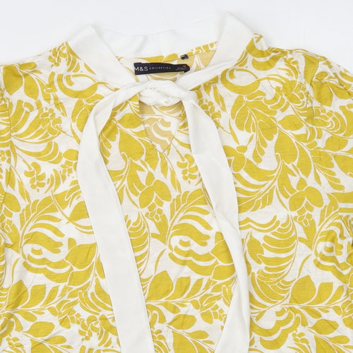 Marks and Spencer Womens Yellow Floral Viscose Basic Blouse Size 12 Round Neck