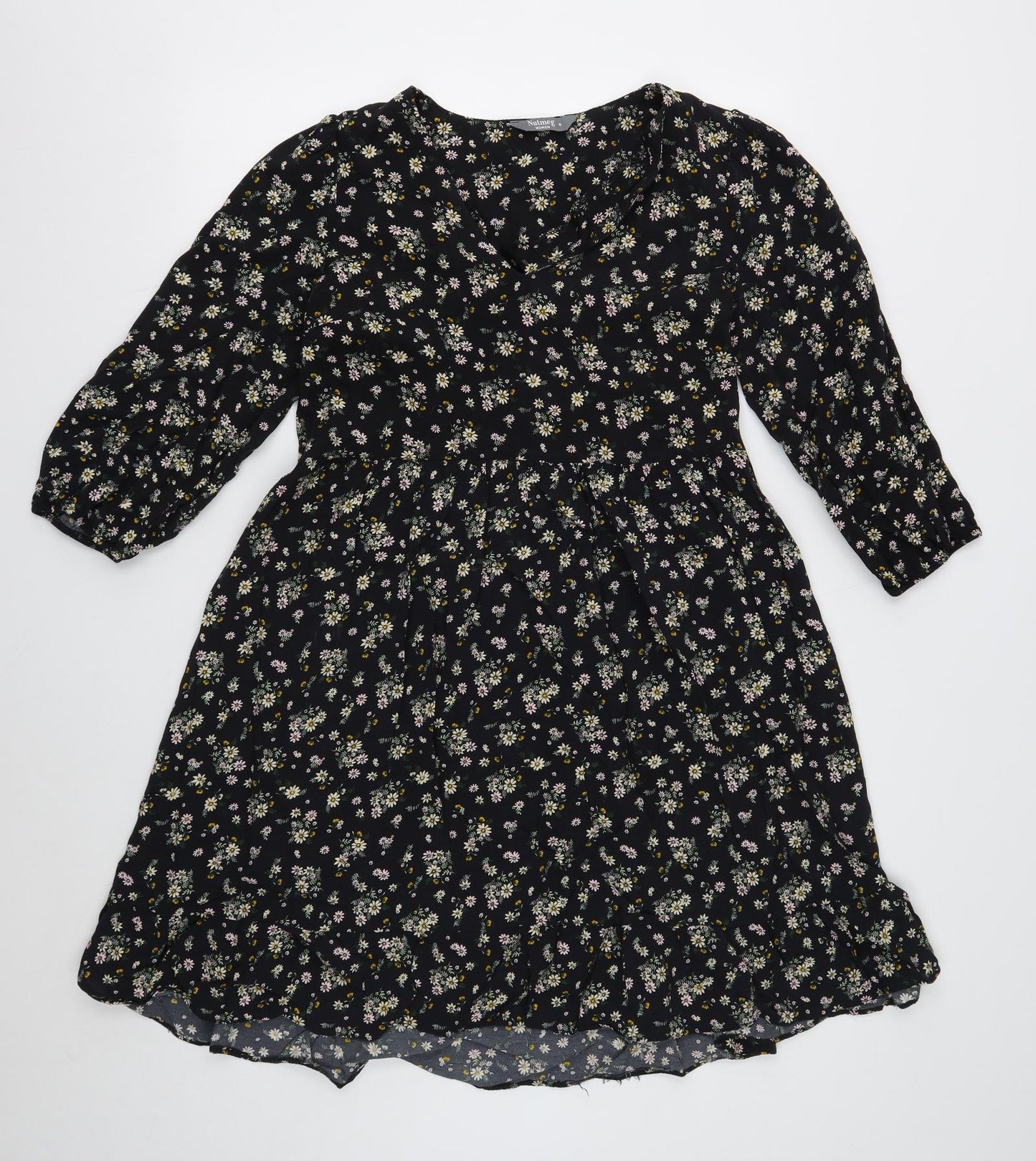 Nutmeg Womens Black Floral Viscose Skater Dress Size 8 V-Neck Pullover
