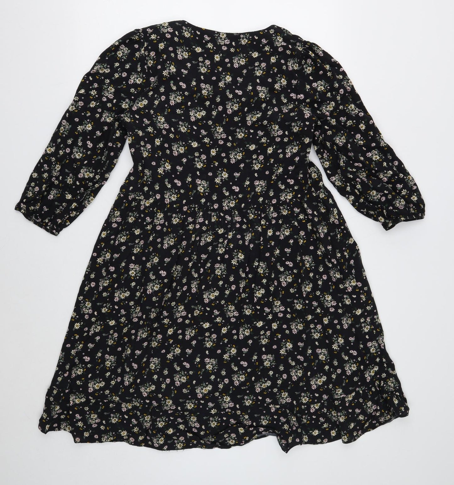 Nutmeg Womens Black Floral Viscose Skater Dress Size 8 V-Neck Pullover