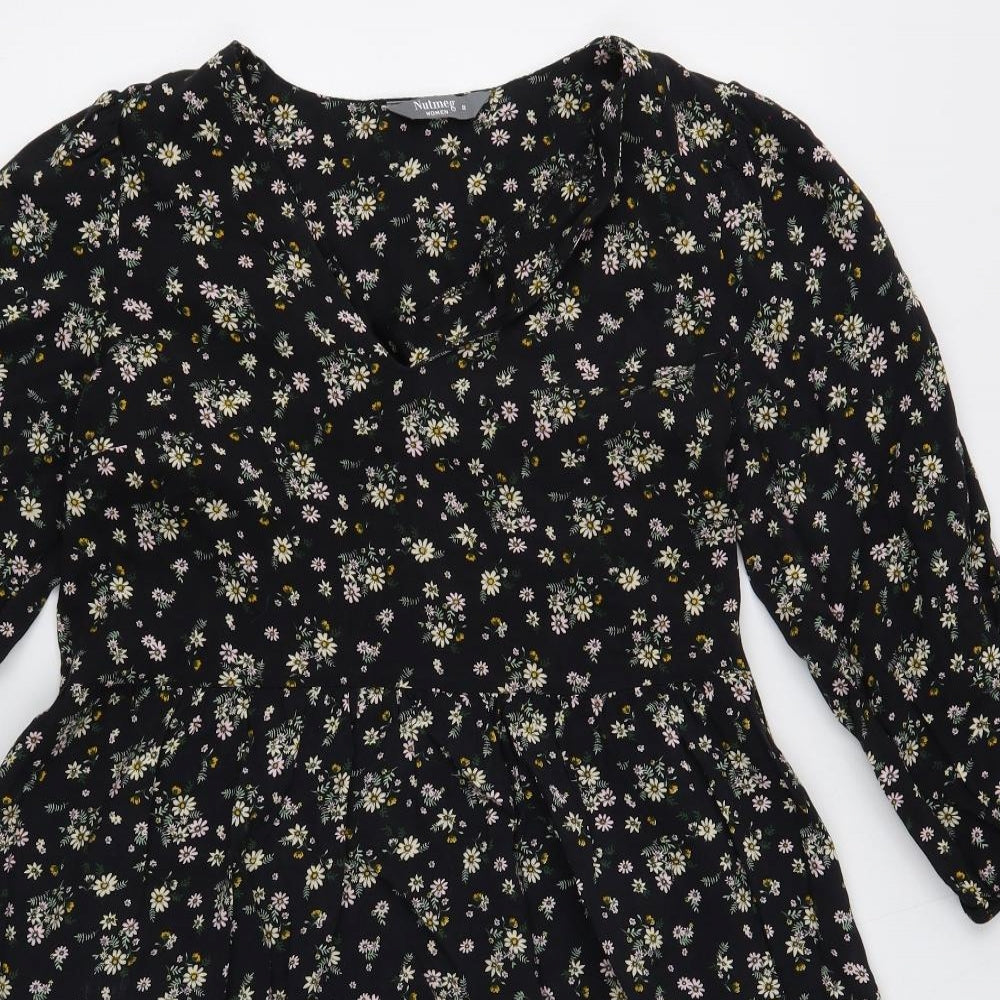 Nutmeg Womens Black Floral Viscose Skater Dress Size 8 V-Neck Pullover
