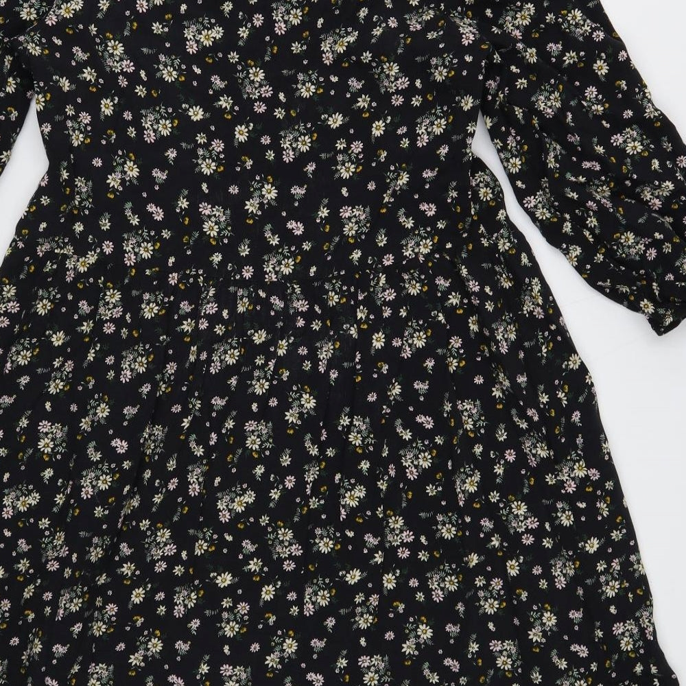 Nutmeg Womens Black Floral Viscose Skater Dress Size 8 V-Neck Pullover