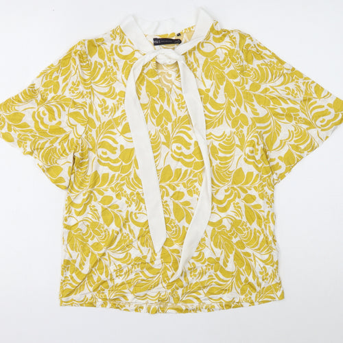 Marks and Spencer Womens Yellow Floral Viscose Basic Blouse Size 12 Round Neck
