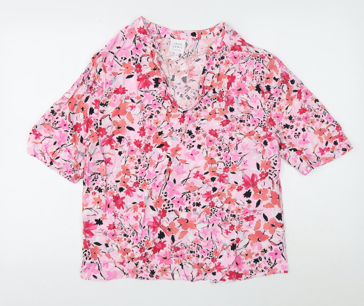 John Lewis Womens Pink Floral Viscose Basic Blouse Size 14 V-Neck